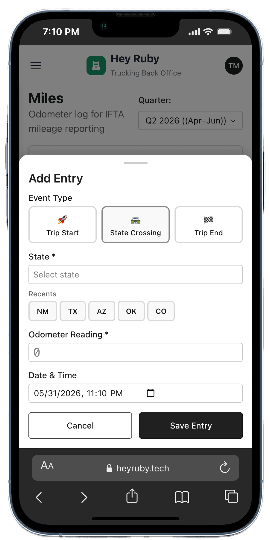 Mileage log showing odometer entries at each state crossing